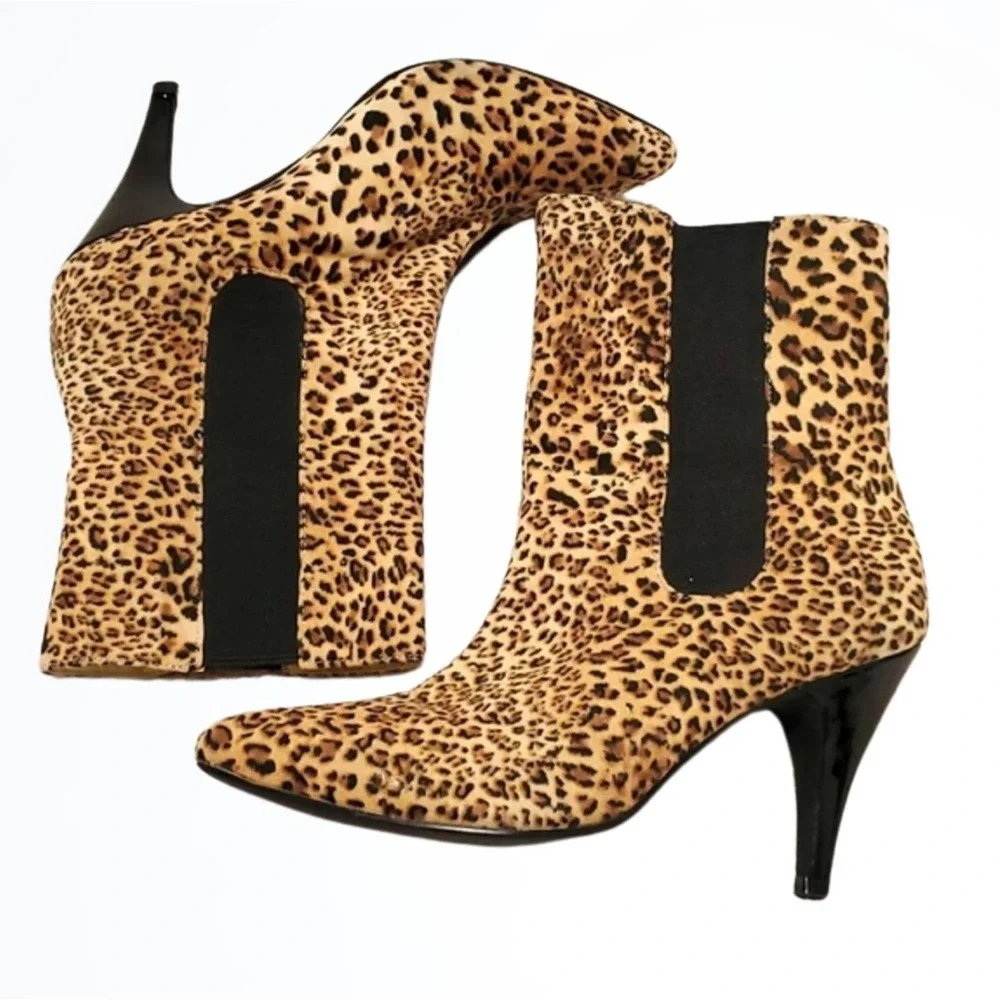 Very Volatile Faux Fur Leather Cheetah Print Pull On Pointed Toe Calf Boots 6.5 - Picture 1 of 6
